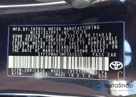 2021 Toyota Corolla Le из США, поврежденный, VIN 5YFEPMAE1MP202635